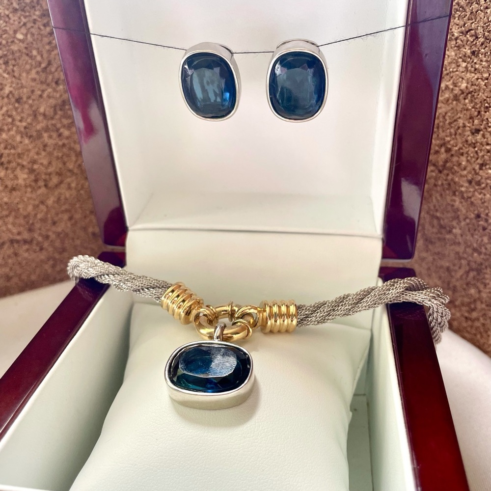 Vintage David Grau Large Blue Stone Necklace & Earring Set VHTF